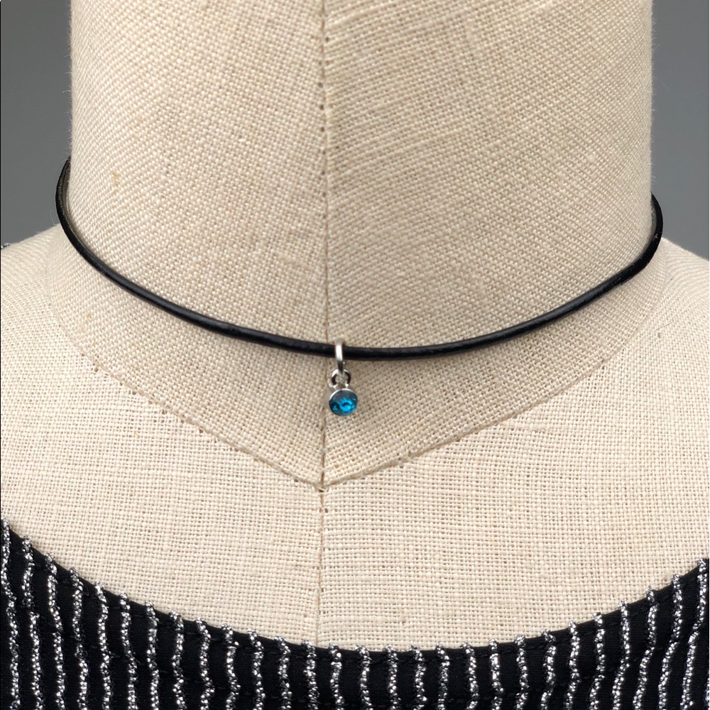 September "Sapphire" Birthstone Leather Choker Necklace